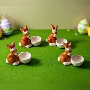 Ceramic Bunny Egg Holder Cup Set of 4 Easter Floral NEW W/Tags